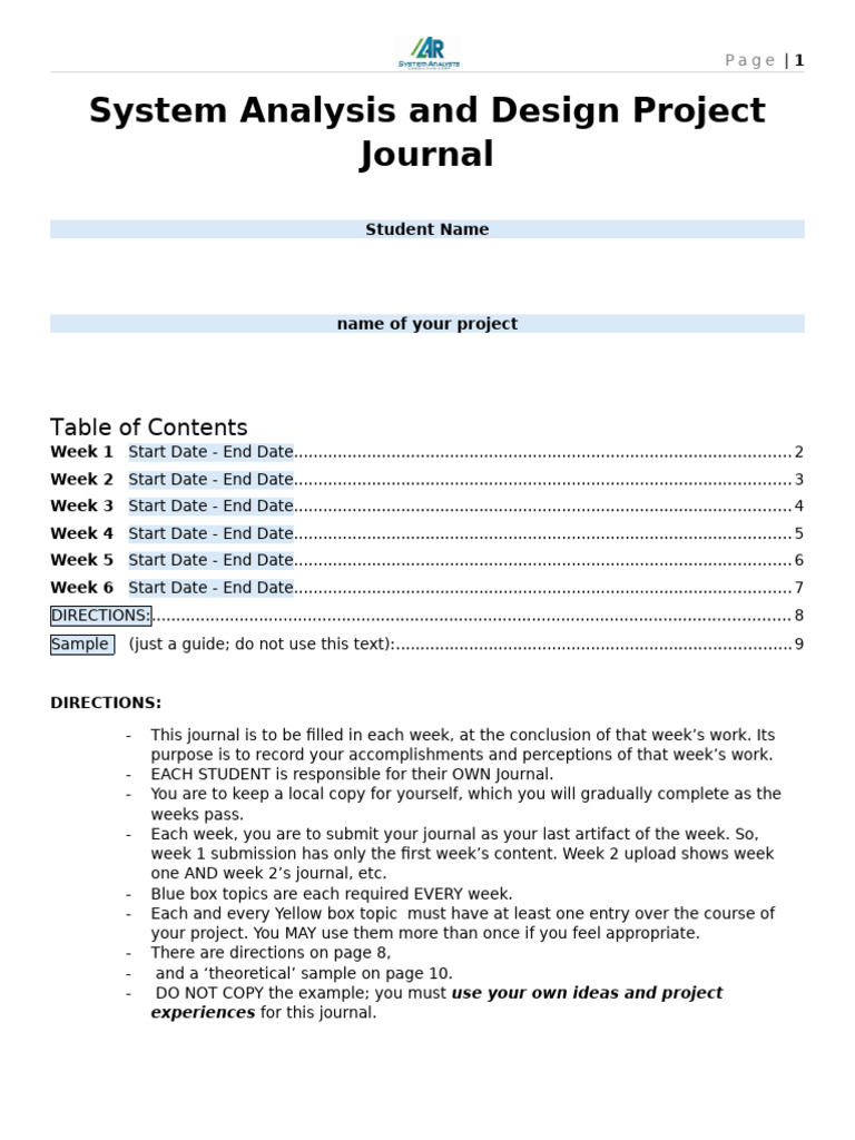 Weekly Project Journal Template | PDF | Leadership | Mentorship