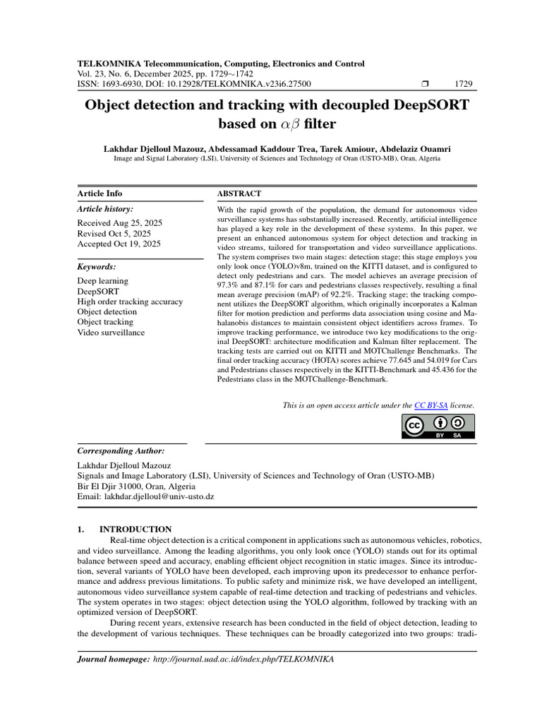 Object detection and tracking with decoupled DeepSORT based on αβ ...