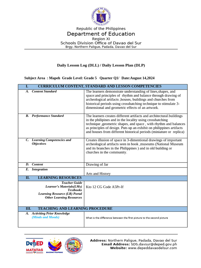 Grade 5 MAPEH Daily Lesson Plan | PDF | Learning