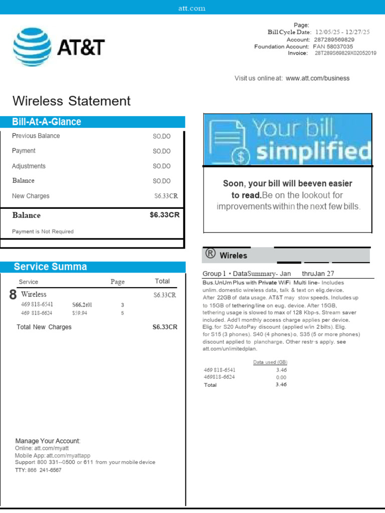 AT&T Wireless Bill Summary 2025 | PDF | Smart Devices | Mobile ...
