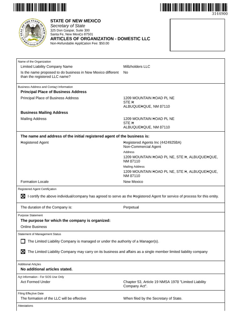 Millzholders LLC Formation in New Mexico | PDF | Registered Agent ...
