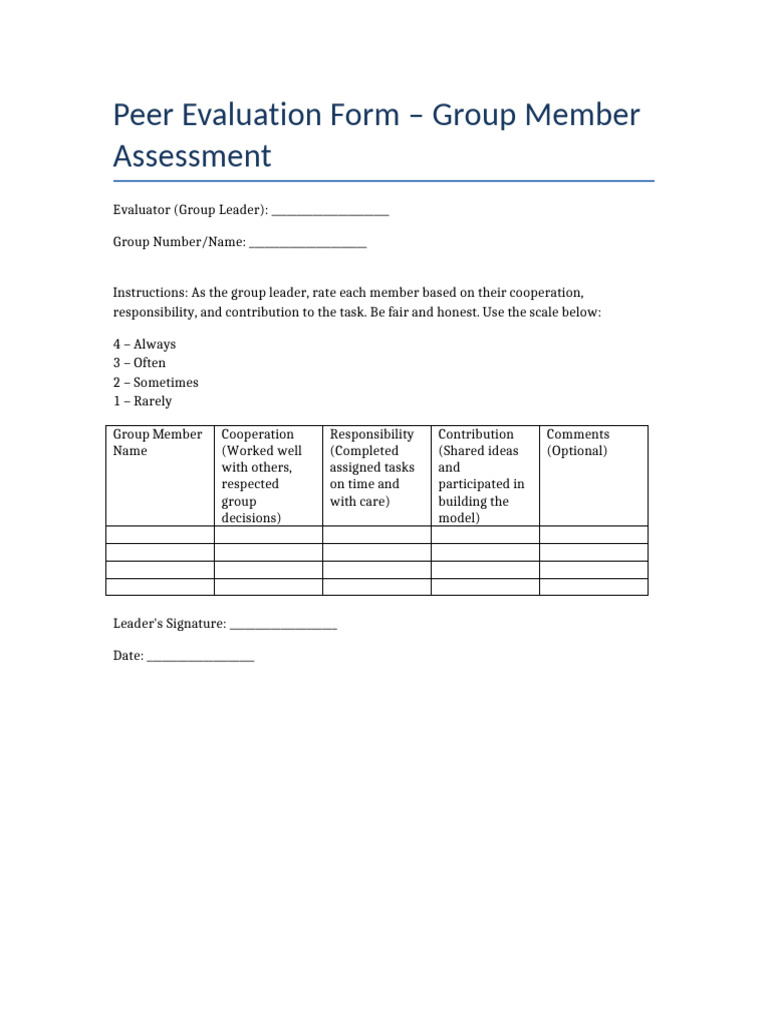 Group Member Peer Evaluation Form | PDF
