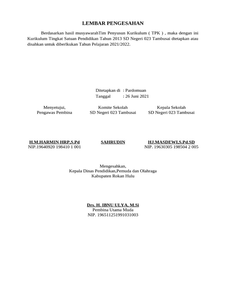 Pengesahan Kurikulum dan RKT SD 023 | PDF