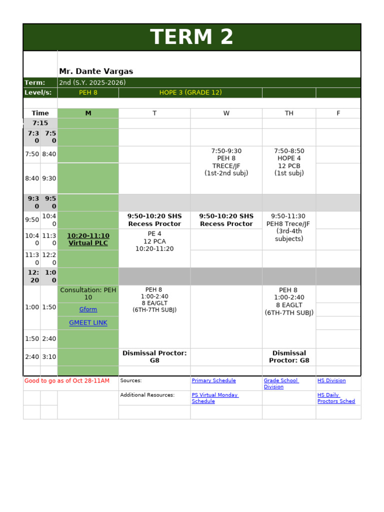 PEH 8 & HOPE 3 Term 2 Schedule | PDF