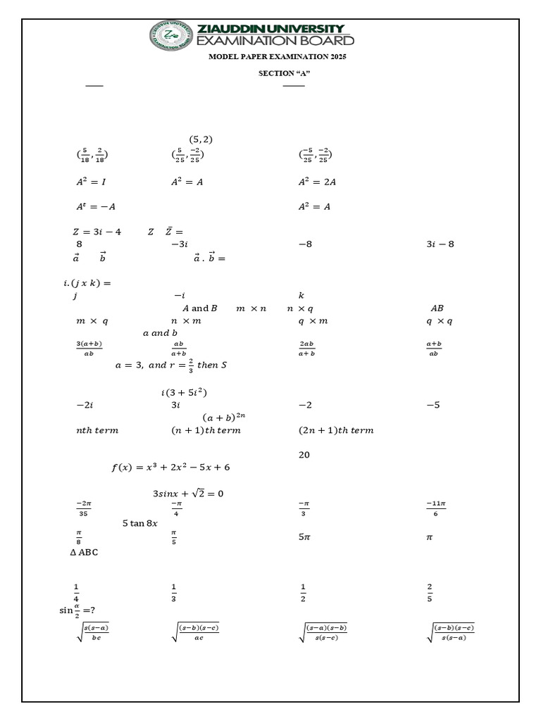 Model Mathematics Exam Paper 2025 | PDF | Matrix (Mathematics) | Square ...