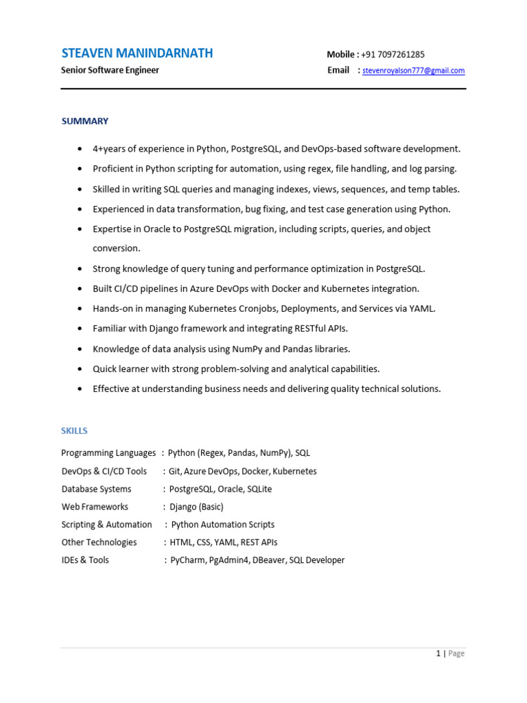 Senior Software Engineer Resume | PDF | Postgre Sql | Databases