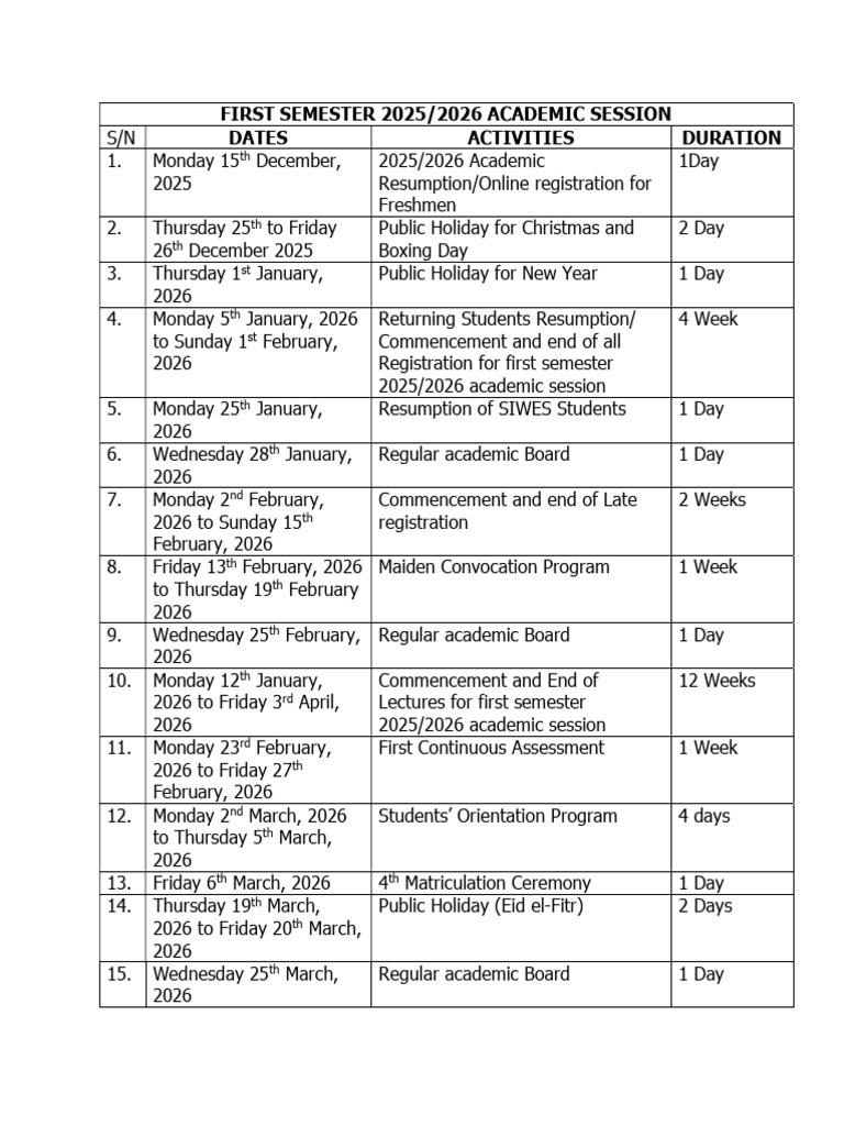2025/2026 First Semester Academic Calendar | PDF | Academic Term