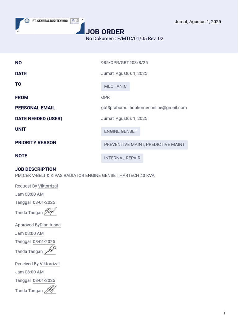 Job Order for Genset Maintenance | PDF