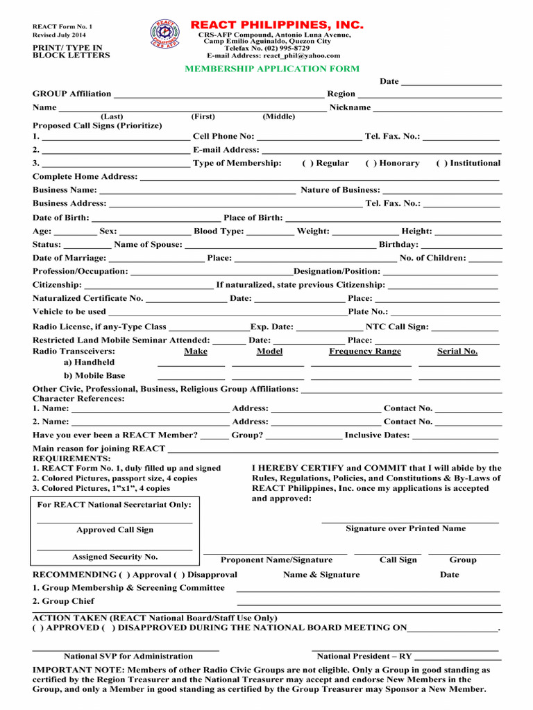 REACT Application Form | PDF