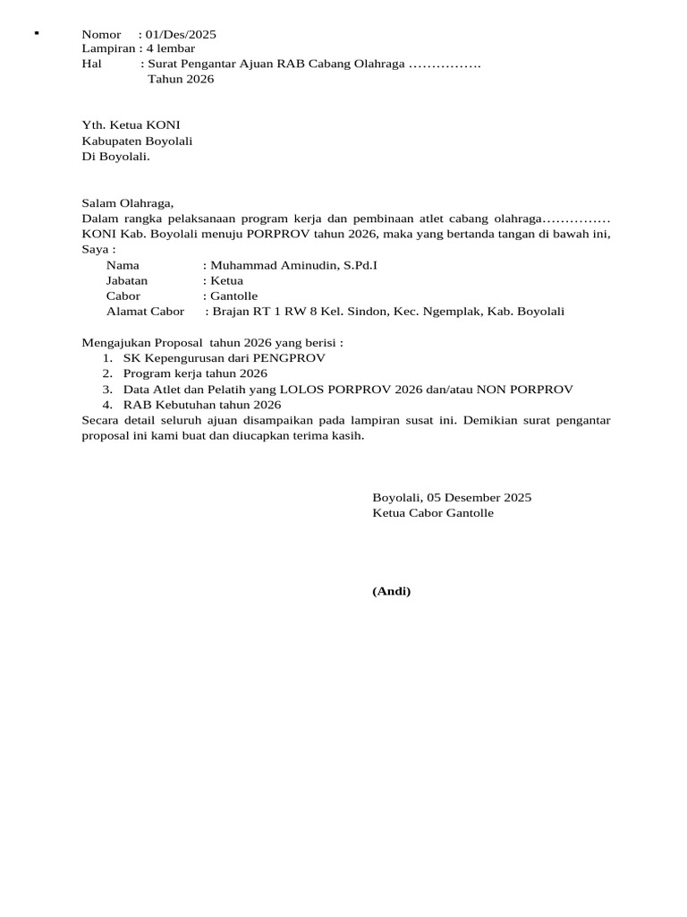 Surat Pengantar RAB Cabor Gantolle 2026 | PDF