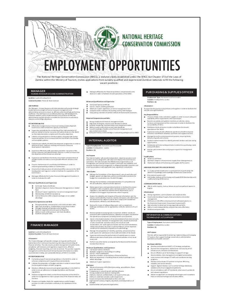 NHCC Job Vacancies in Zambia | PDF | Audit | Procurement