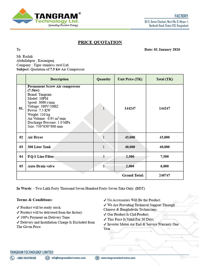 7.5 Kw Air Compressor Price Quotation - Rashik (3) | PDF