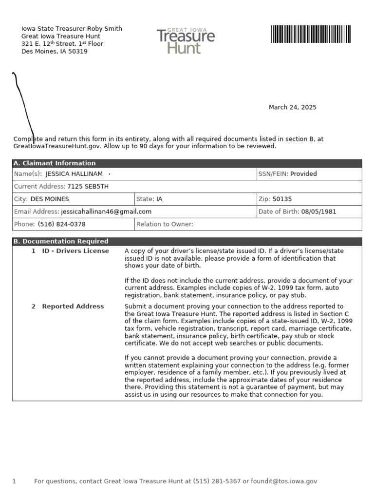Iowa Great Treasure Hunt Claim Form | PDF