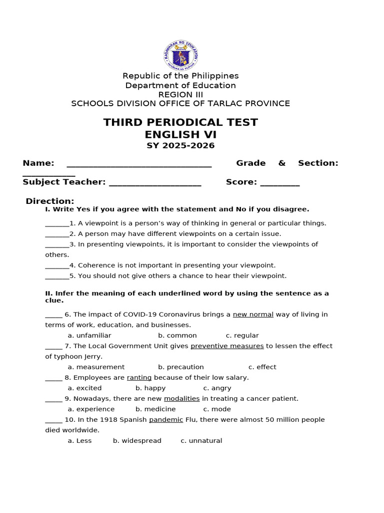 English VI Third Periodical Test | PDF | Gratitude | Soft Drink