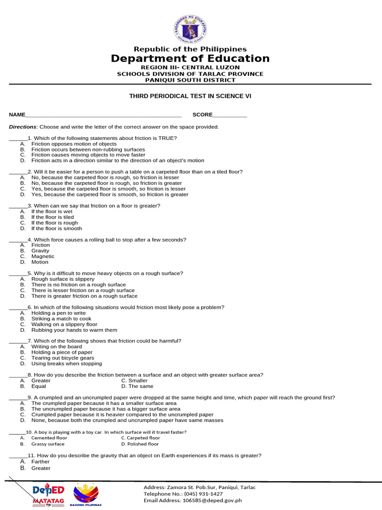 Science VI Periodical Test Guide | PDF | Friction | Machines
