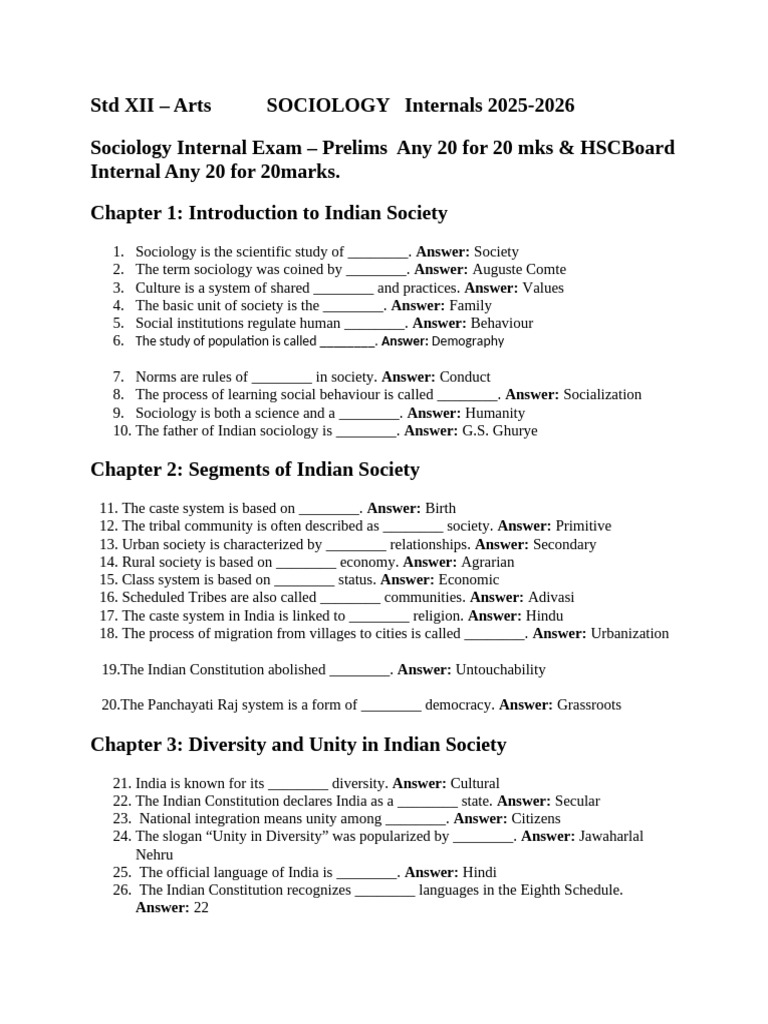 Sociology Internal Exam Guide 2025-2026 | PDF | Substance Abuse | Society