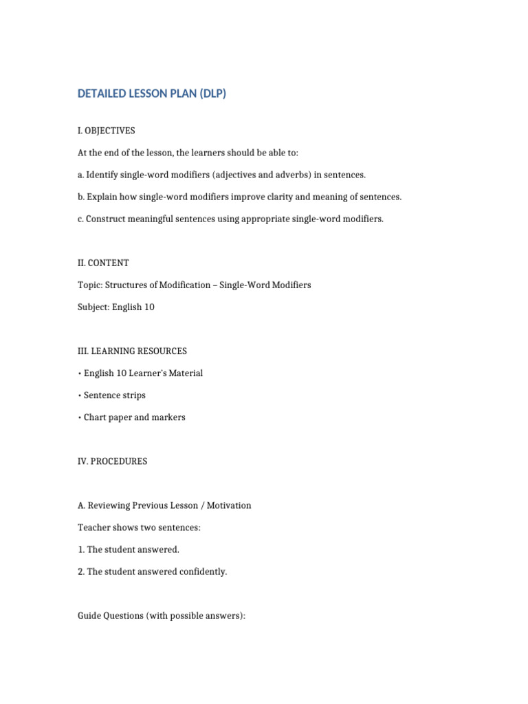 English10 DLP Single Word Modifiers | PDF