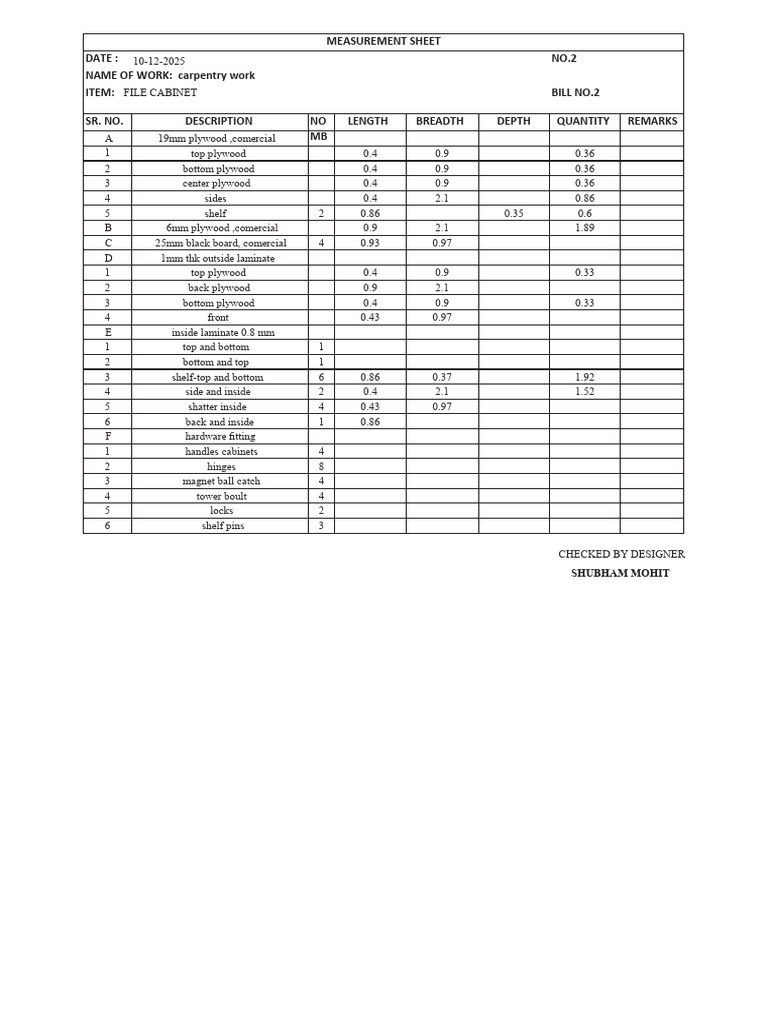 Carpentry Work Measurement Sheet | PDF