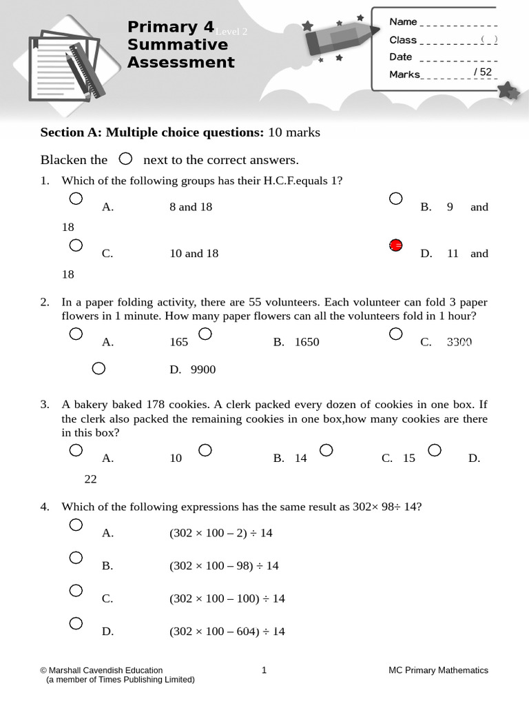 Primary 4 Mathematics Assessment Guide | PDF | Area | Length