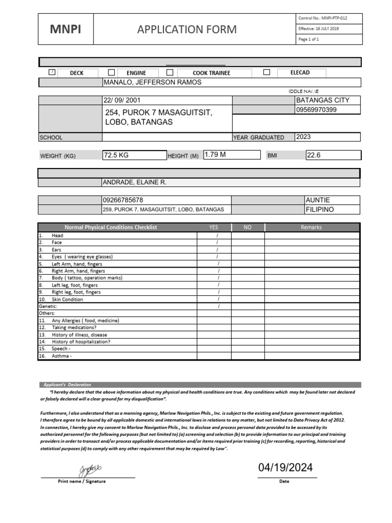 Cook Trainee Application Form | PDF