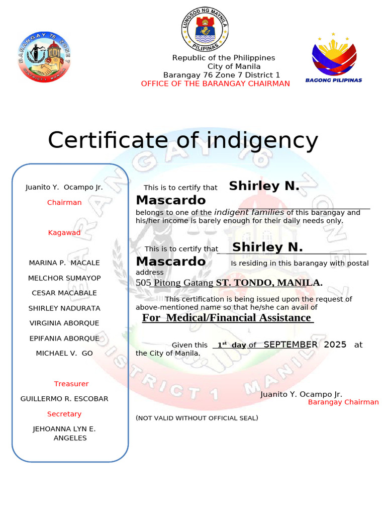 Certificate of Indigency for Shirley N. Mascardo | PDF