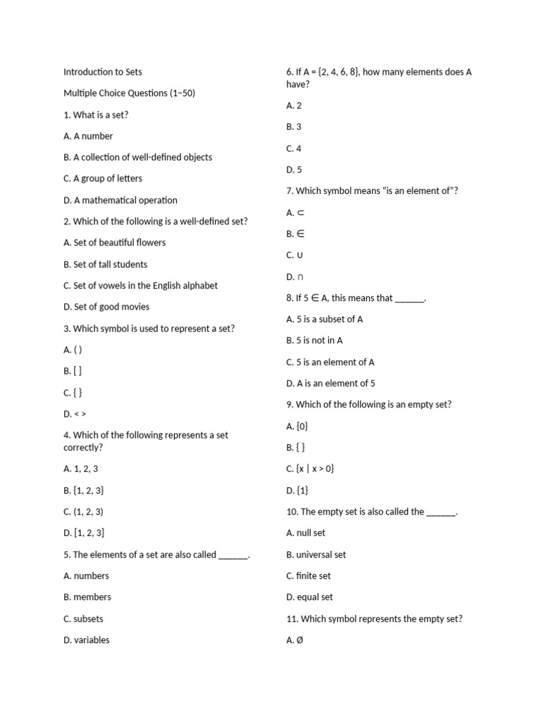 Set Theory Multiple Choice Questions | PDF | Set (Mathematics ...