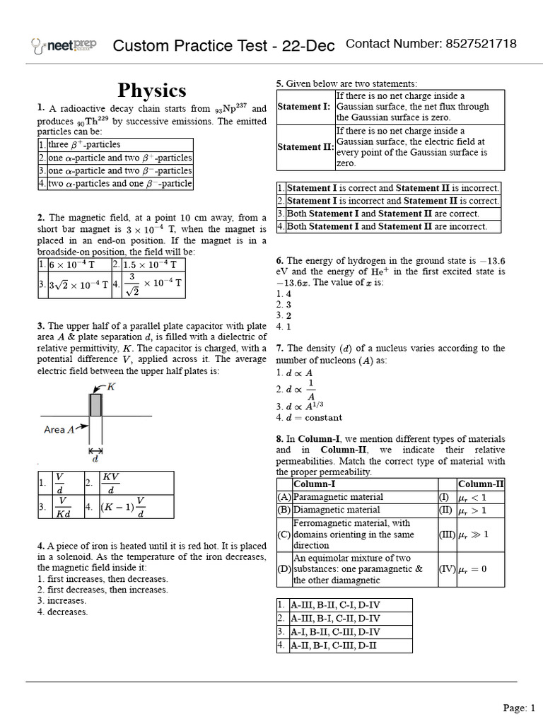 Physics Practice Test Questions | PDF | Amine | Atoms