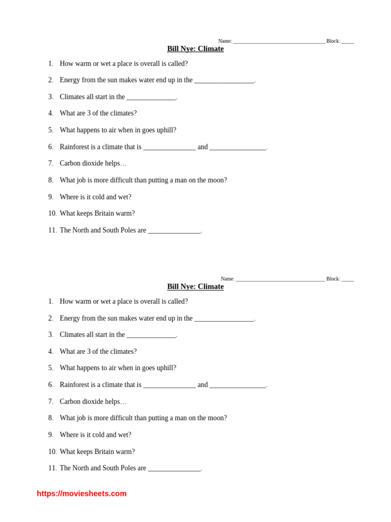 Bill Nye Climate Worksheet Questions | PDF