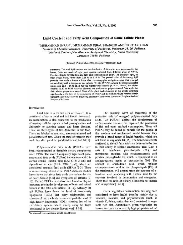 Lipid Content and Fatty Acid Composition | PDF