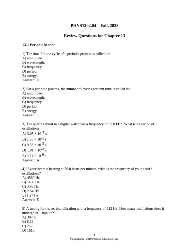 PHYS1302 Fall 2025 Chapter 13 Review | PDF | Oscillation | Frequency