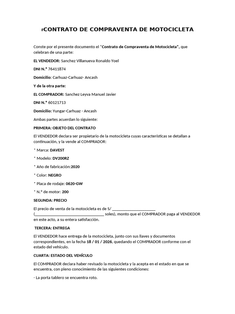Contrato de Compraventa de Motocicleta | PDF