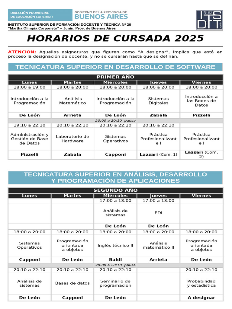 Horarios de Cursada 2025 - Instituto 20 | PDF | Psicología Educacional ...
