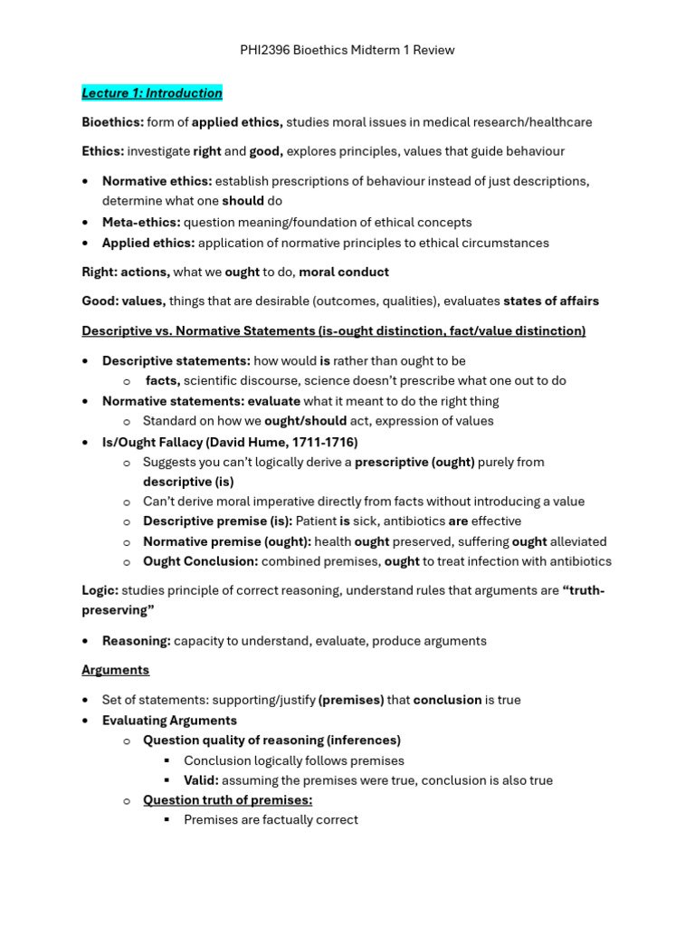 PHI 2396 Bioethics Midterm 1 Review | PDF | Informed Consent | Morality