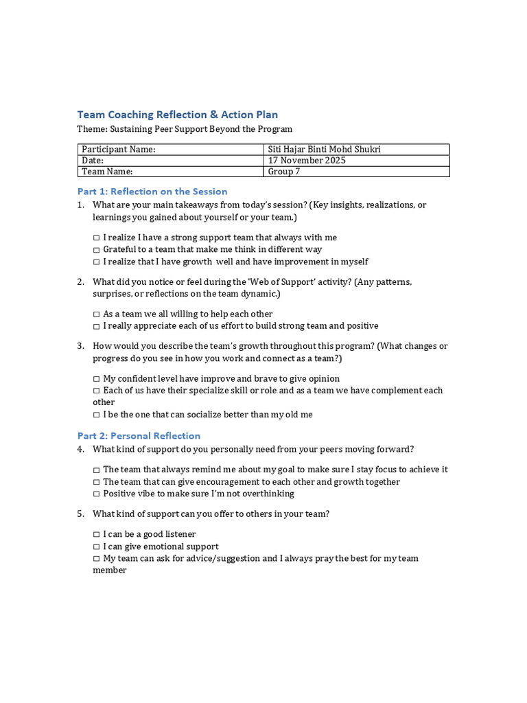 Final Team Coaching Reflection Plan - Siti Hajar | PDF