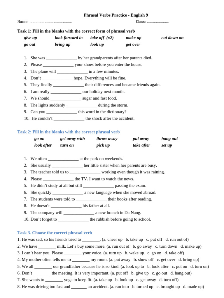 Phrasal Verbs Practice for English 9 | PDF