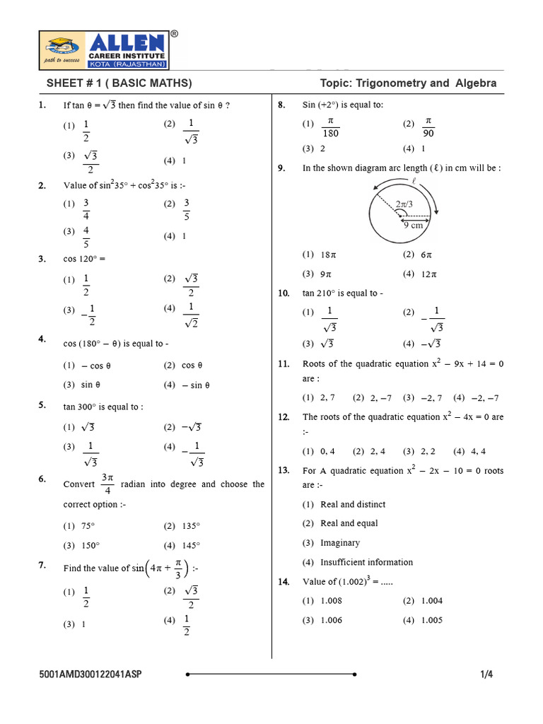Trigonometry and Algebra Practice Sheet | PDF | Square Root | Algebra