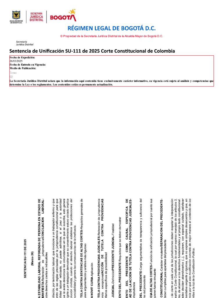 Sentencia de Unificación SU-111 de 2025 ESTABILIDAD LABORAL Y ...