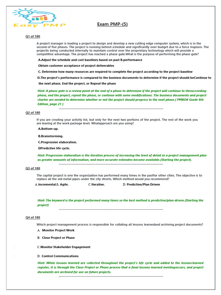 PMP Exam Questions and Answers Guide | PDF | Scrum (Software ...
