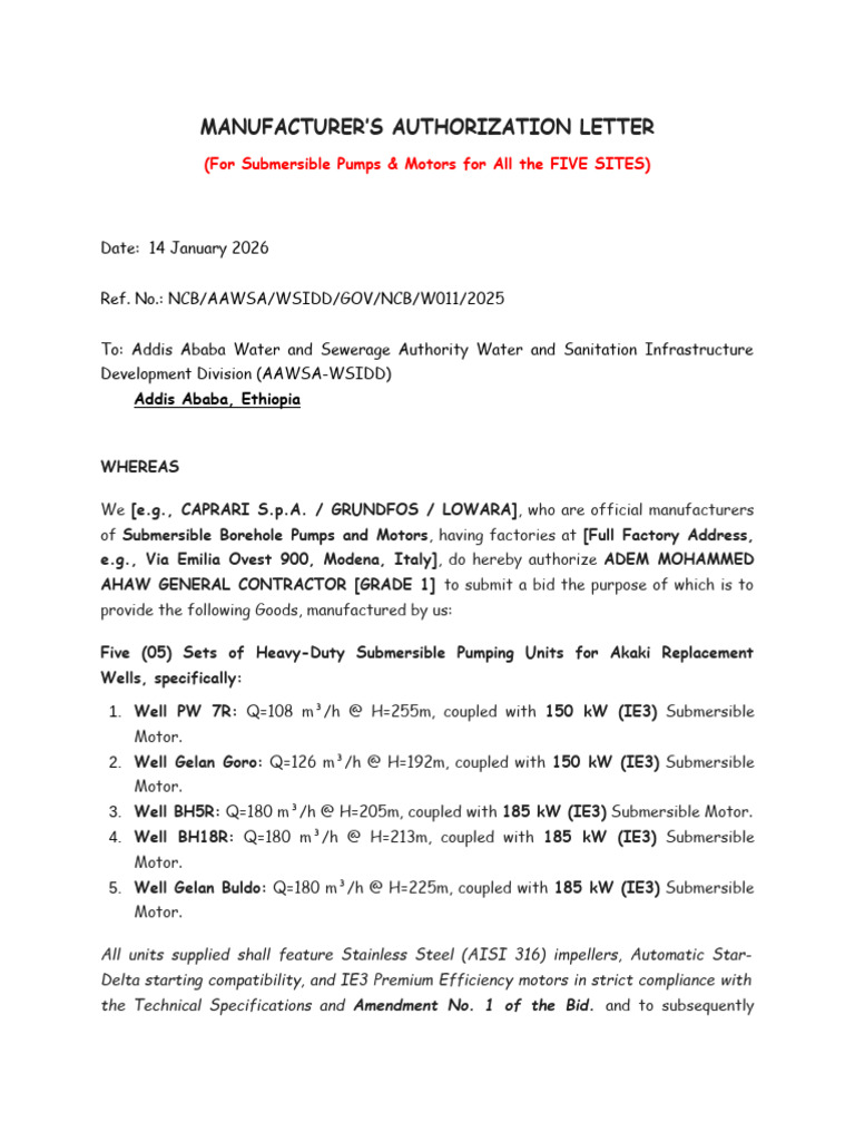 Pump & Motor - Manufacturer's Authorization Letter | PDF