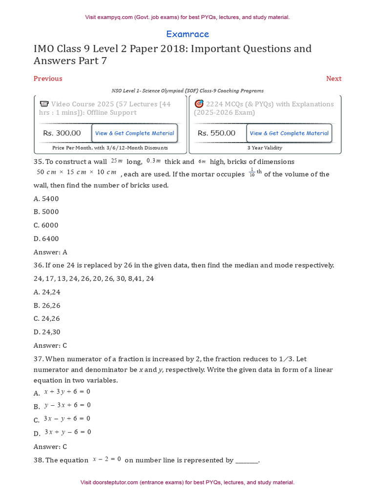 IMO Level 2 Class 9 Paper 2018 Part 7 | PDF | Angle | Elementary Geometry