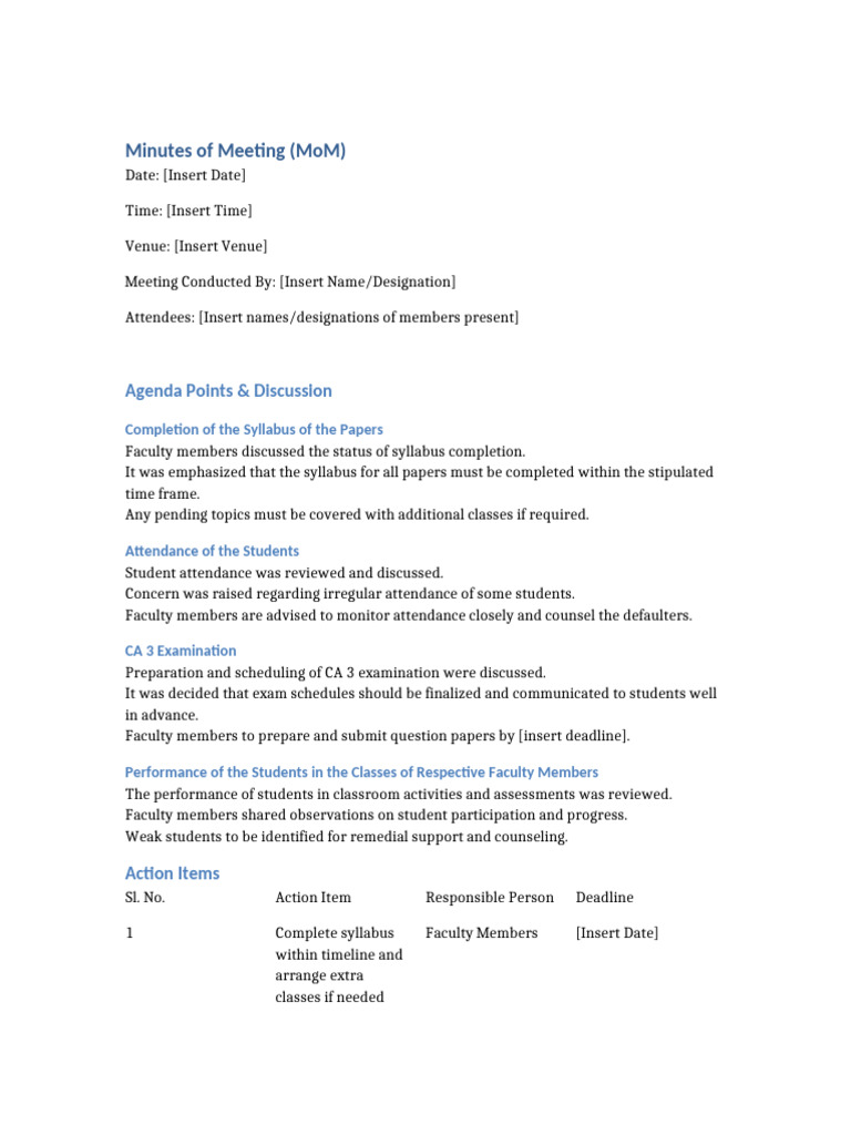 MoM Syllabus Attendance CA3 | PDF