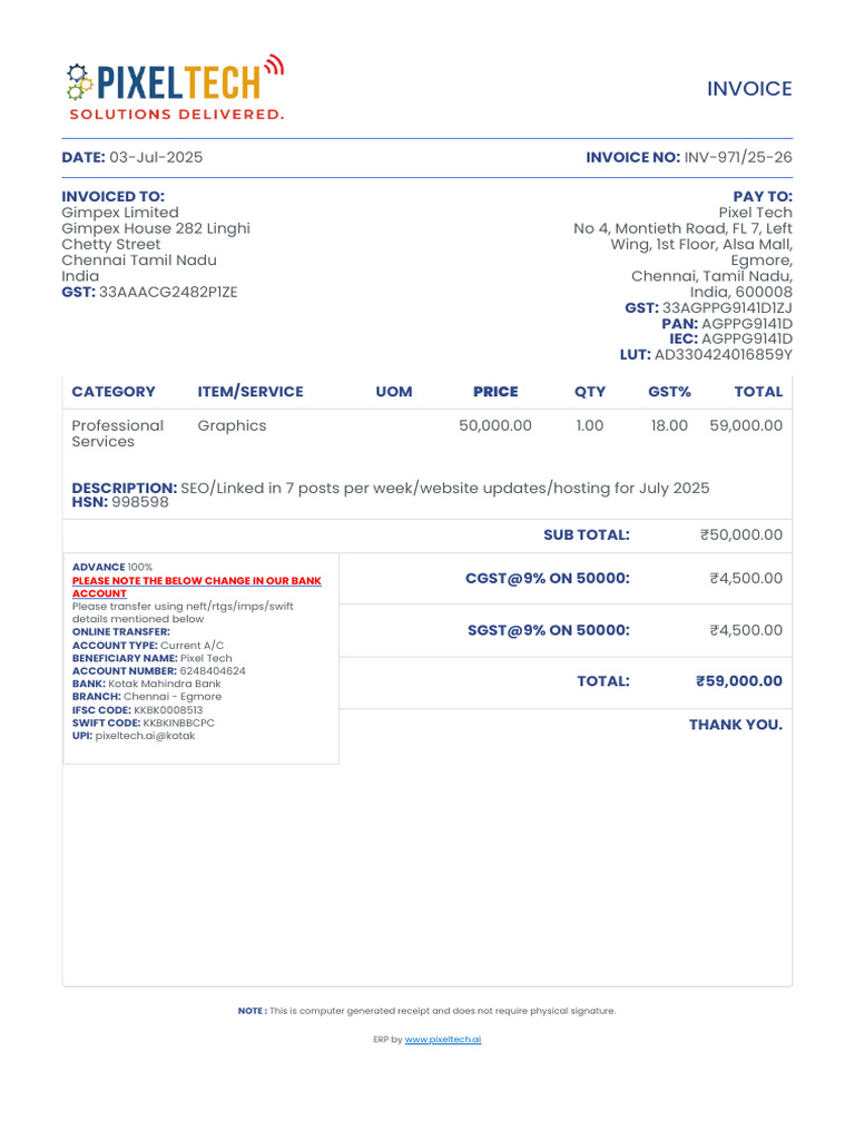 Invoice for SEO Services - July 2025 | PDF | Economy Of India | Accounting
