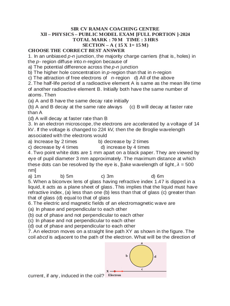 Physics Model Exam Paper 2024 | PDF | Electromagnetic Radiation | Electron