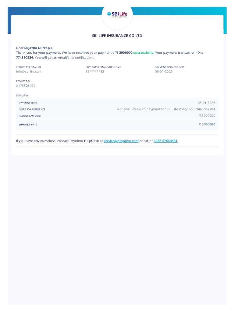 SBI Life Insurance Payment Confirmation | PDF
