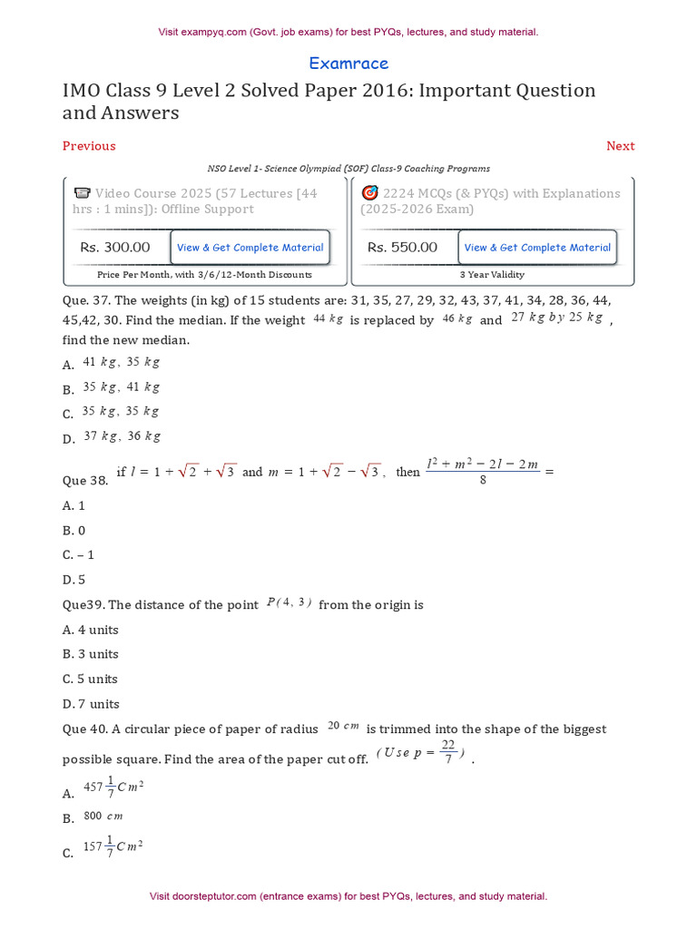 IMO Class 9 Level 2 Solved Paper 2016 | PDF