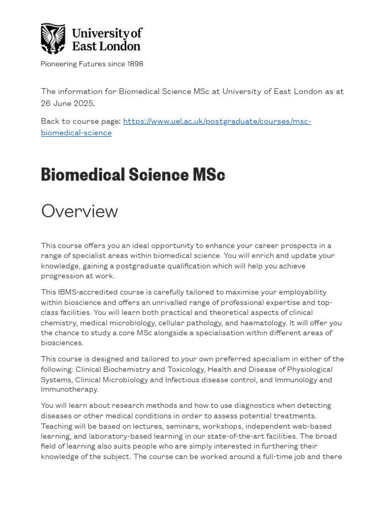 Biomedical Science MSc at UEL 2025 | PDF | Postgraduate Education ...