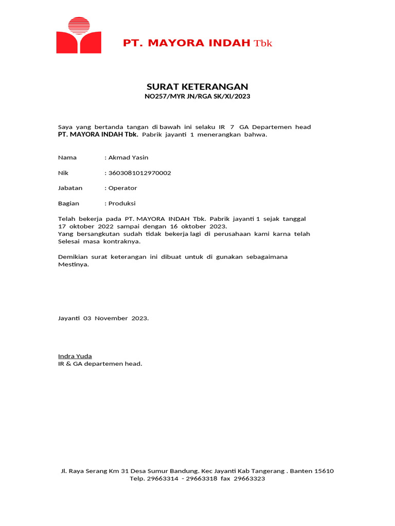 Surat Keterangan Kerja Akmad Yasin | PDF