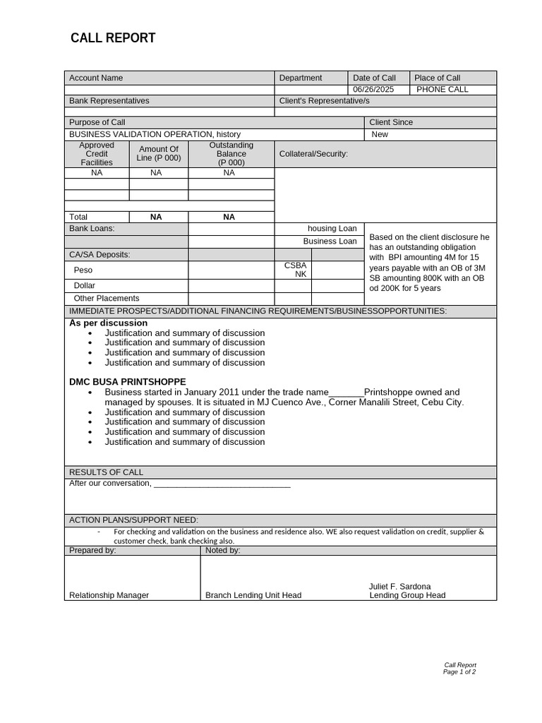 Business Validation Call Report | PDF | Banks | Financial Services