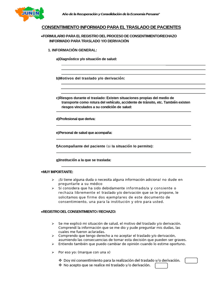 Consentimiento Informado Para El Traslado de Pacientes Gral | PDF ...