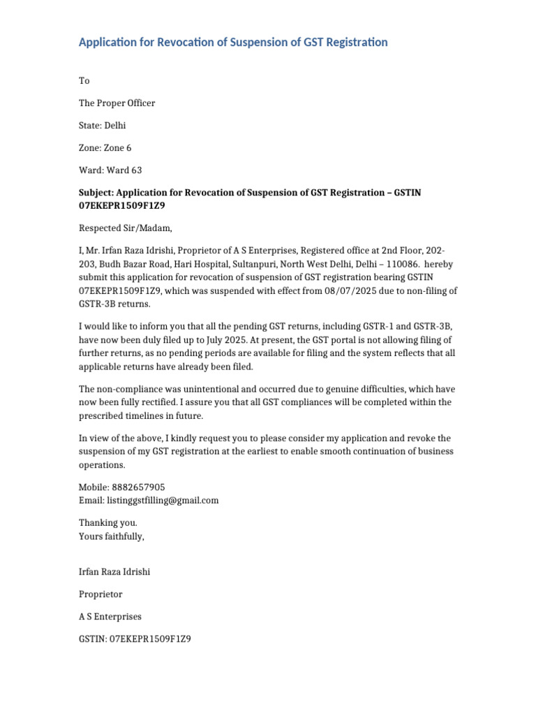 Revocation Request for GST Suspension | PDF